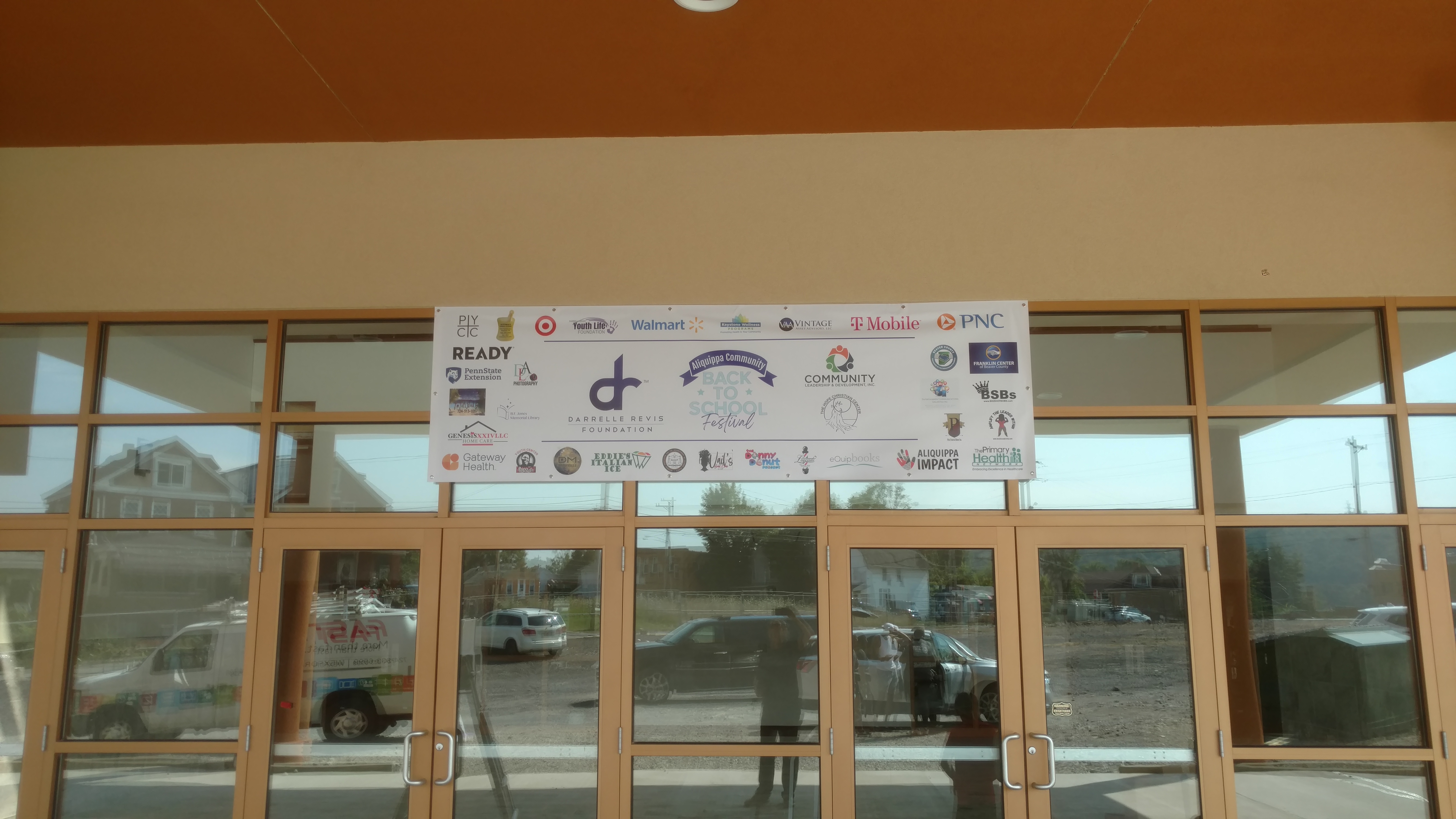 Banner hung above doors